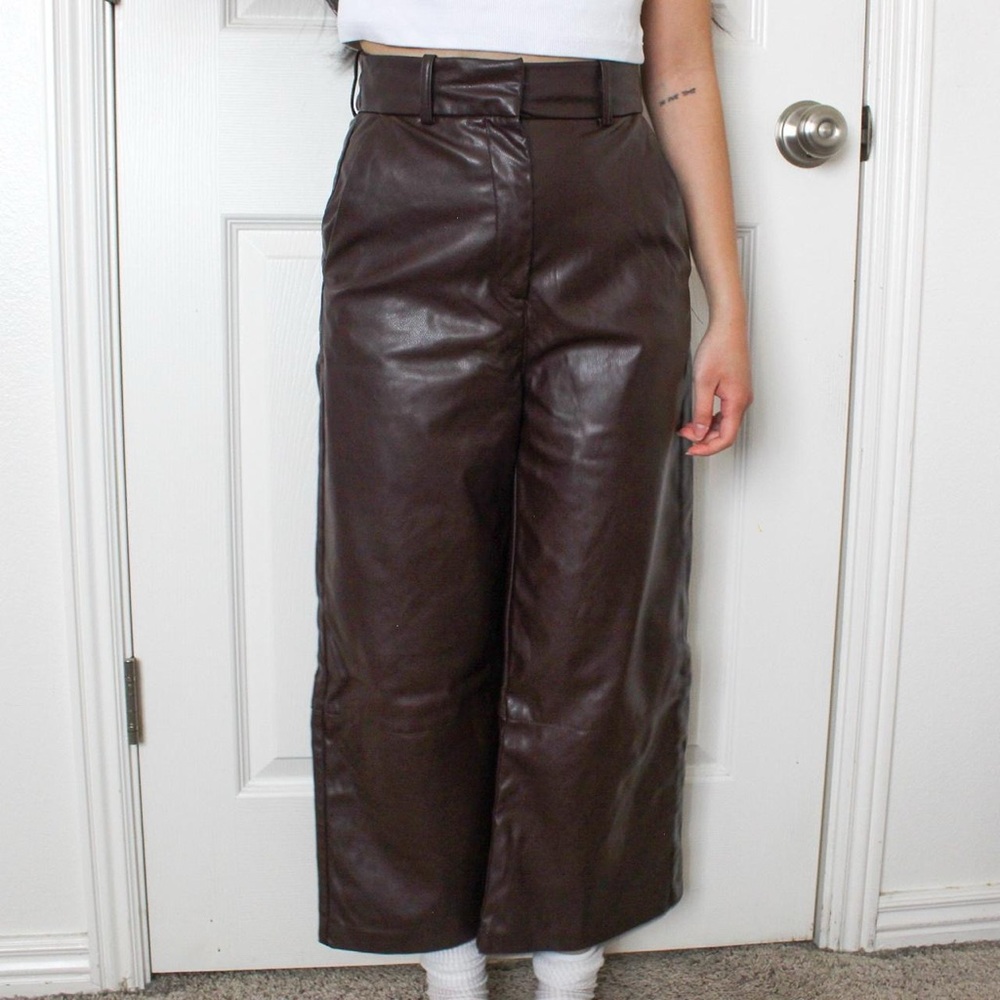 Brown Leather Wide-Leg Pants